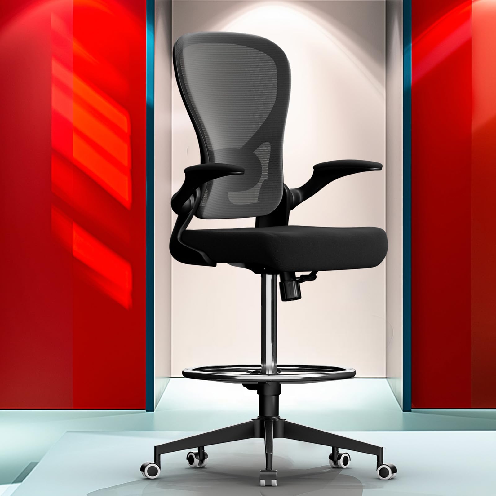 Ergonomic Drafting Chair - Adjustable Height Office Chair for Standing Desk with Breathable Mesh Back, Supports Up to 400 lbs - Perfect for Artists, Architects & Counter-Height Workstations (Black)