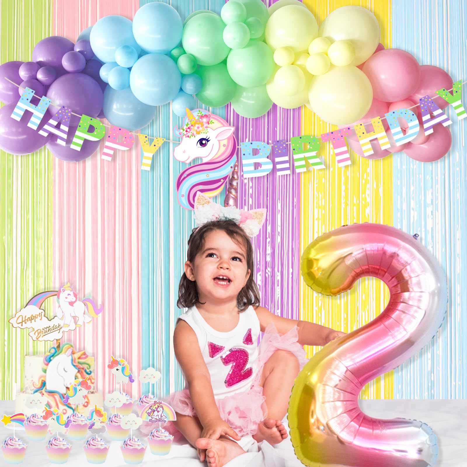 Unicorn 2nd Birthday Party Decorations for Girls - Rainbow Balloon Garland, No.2 Foil Balloon & Macaron Tinsel Curtains - Complete 2nd Birthday Party Supplies Kit for Toddler Girls Birthday Celebration