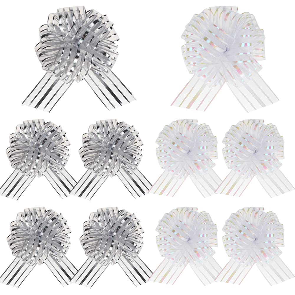 10-Piece Large Organza Pull Bow Gift Wrapping Set - 6 Inch White & Silver Ribbon Bows for Wedding Presents, Party Favors, Gift Baskets & Holiday Decorations