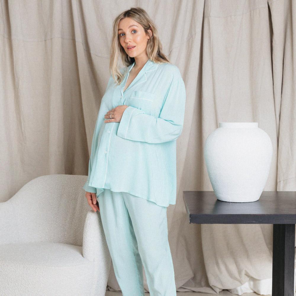Comfortable Women's Maternity Long Sleeve Pajama Set - Soft Cotton Sleepwear for Pregnant Women - Mint Green Loungewear for Relaxing at Home or Hospital Stay