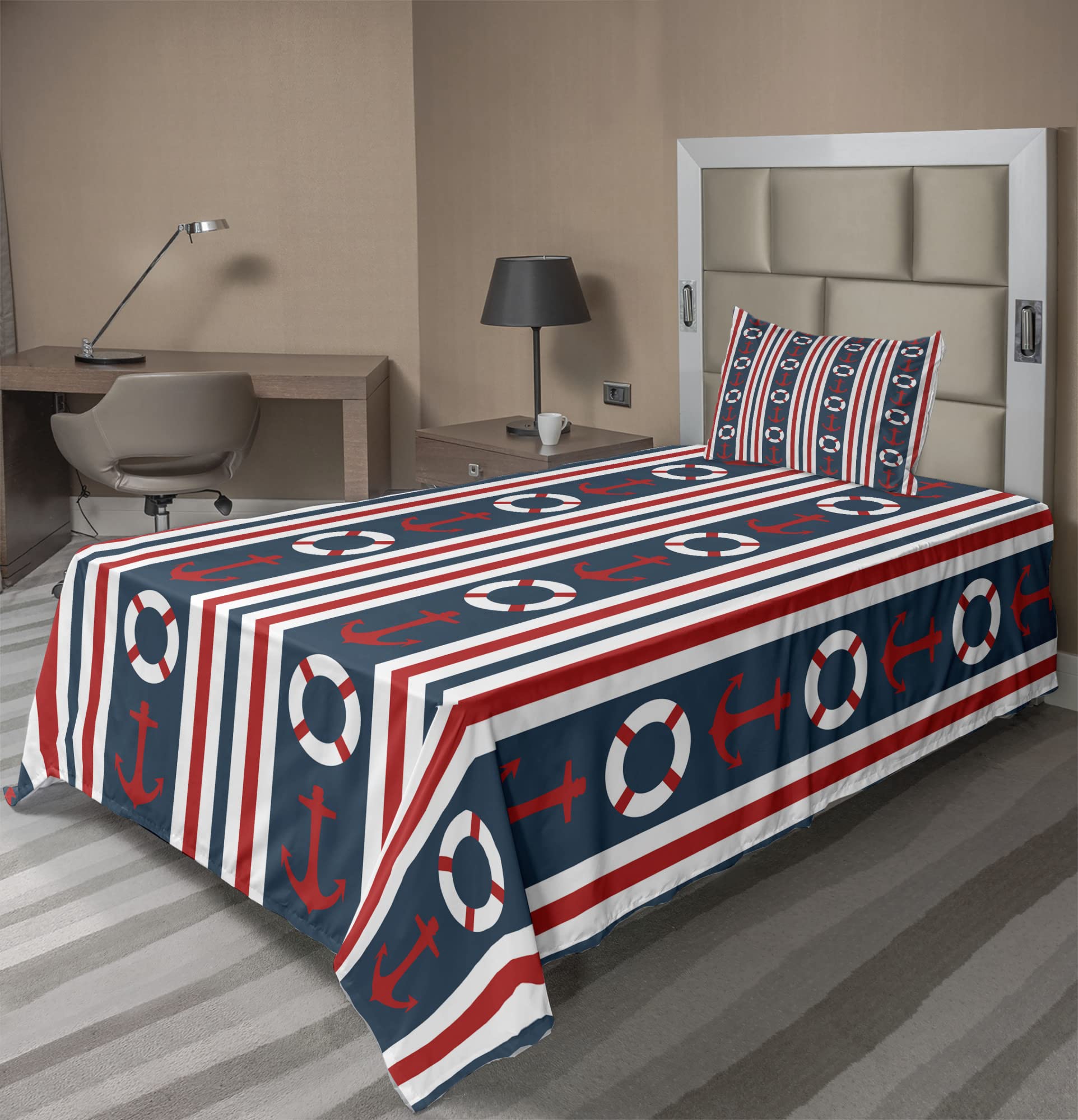 Ambesonne Nautical 3-Piece Sheet Set - Twin Size, Maritime Themed Stripes with Steering Wheel & Anchor Design, Fitted & Flat Sheets + Pillowcase (Indigo/Red/White) | Perfect for Coastal Bedrooms, Beach House Decor & Nautical Theme Bedding