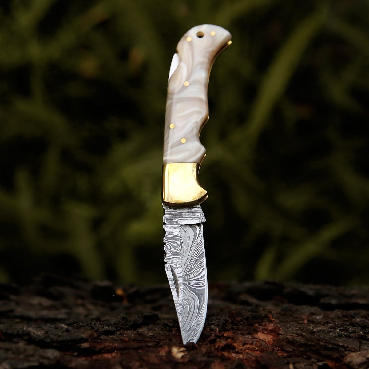 Premium Damascus Steel Pocket Knife with Genuine Mother of Pearl Handle - Perfect for Outdoor Adventures, Camping & Everyday Carry (EDC)