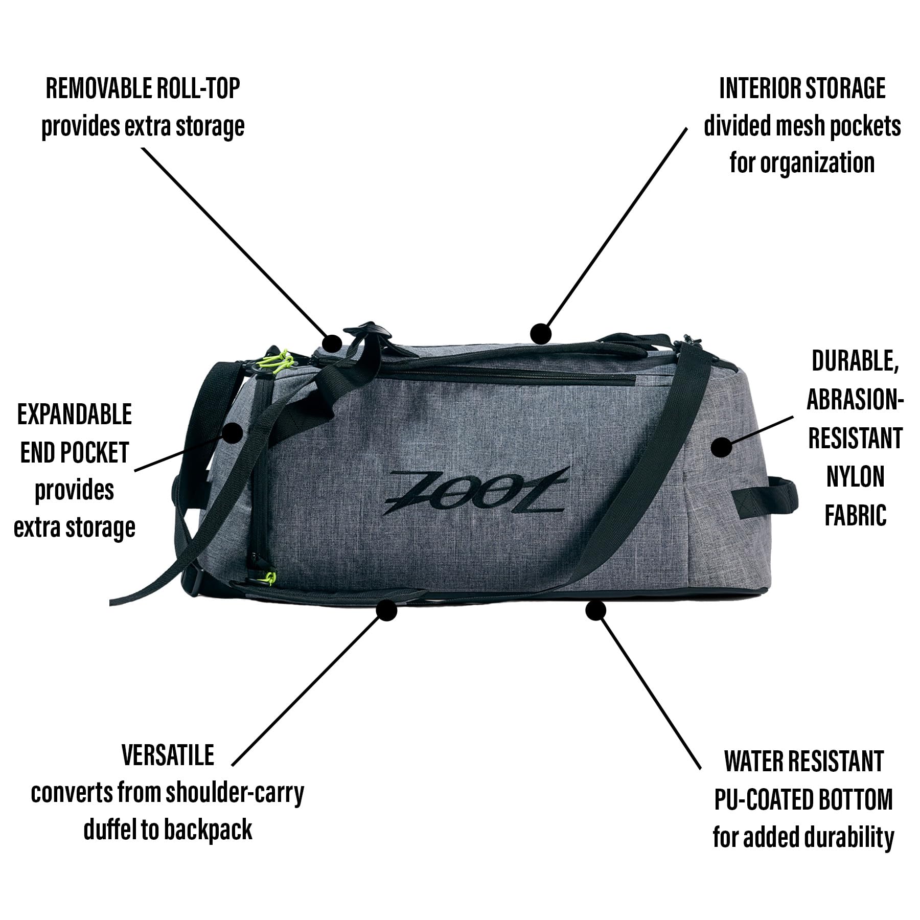 Zoot Ultra Tri Duffel - Triathlon Transition Bag & Backpack with Wet Storage for Men & Women | Perfect for Travel, Gym, Race Day & Outdoor Sports | Durable Grey Athletic Gear
