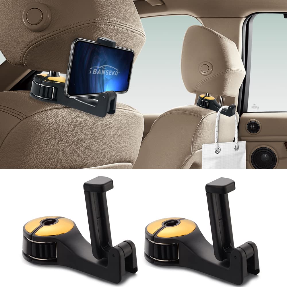 Banseko 2 Pack Universal Adjustable Car Headrest Hooks - Multifunctional Vehicle Back Seat Organizer for Phones, Bags & Accessories (Gold) | Perfect for Road Trips, Shopping & Daily Commute
