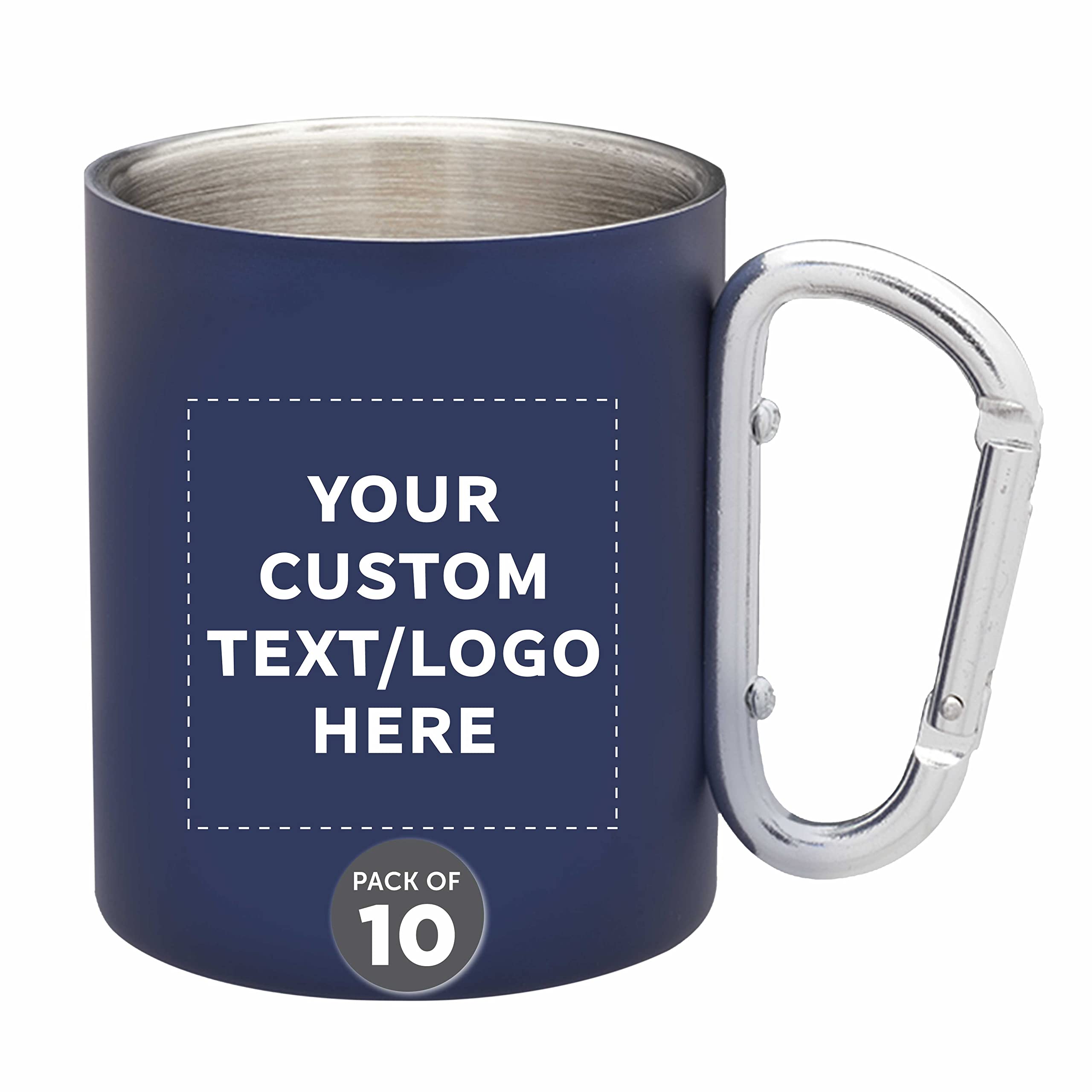 10-Pack Custom Stainless Steel Mugs with Carabiner Handle - 10oz Insulated Travel Coffee Cups for Hot & Cold Beverages - Personalized Bulk Pack Navy Blue - Perfect for Camping, Office, Gifts & Outdoor Activities