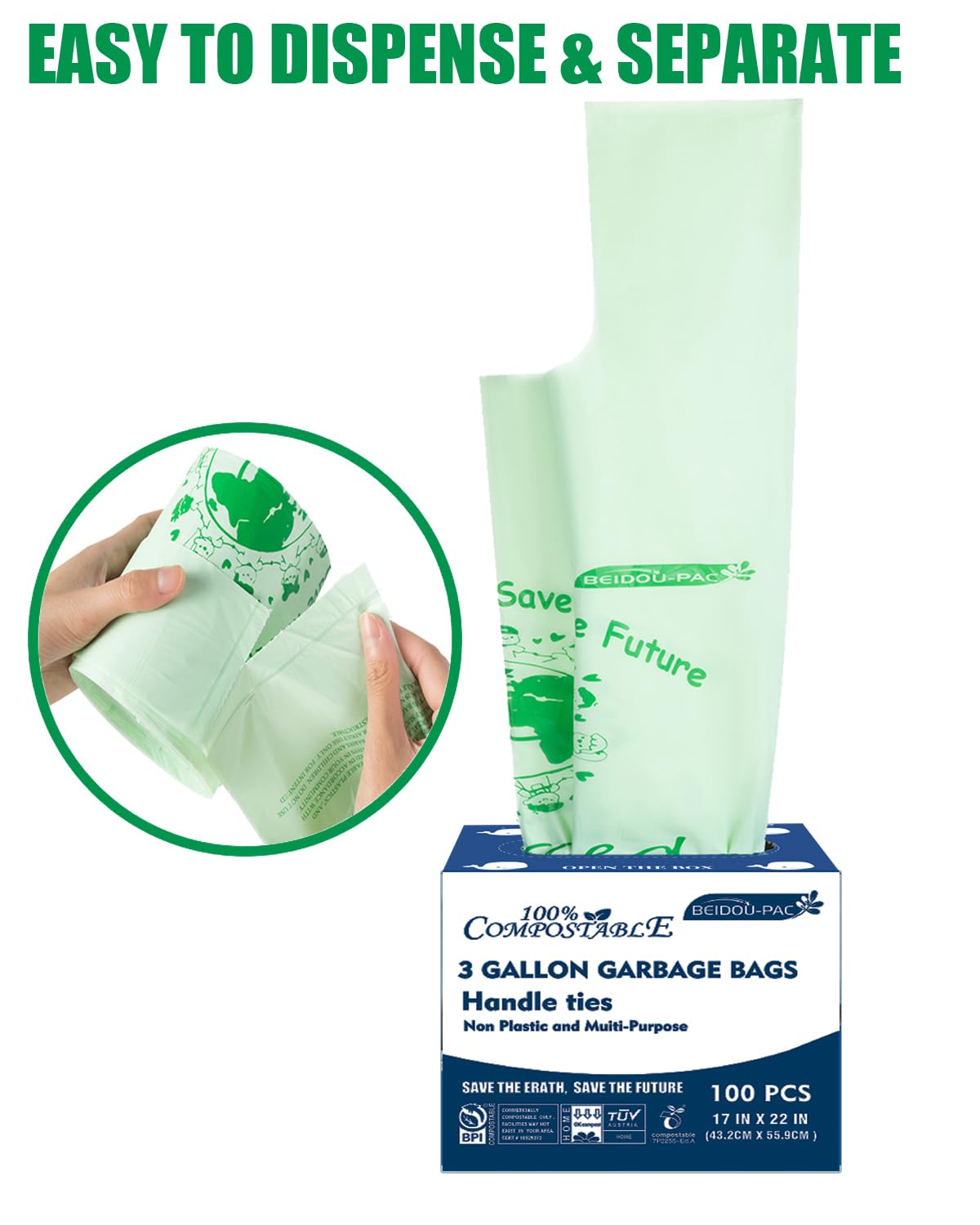 100% Compostable Trash Bags 3 Gallon - Eco-Friendly Small Kitchen Garbage Bags with Handles (100 Count) | ASTM D6400 & US BPI Certified Biodegradable Waste Bags for Food Scraps, Composting & Sustainable Living