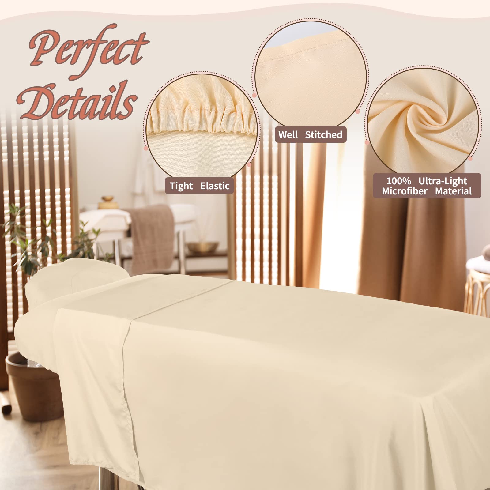 Oudain 4-Pack 3-Piece Soft Microfiber Massage Table Sheet Set - Includes Flat Sheet, Fitted Sheet & Face Rest Cover (Beige) | Professional Spa, Massage Therapy & Salon Essentials