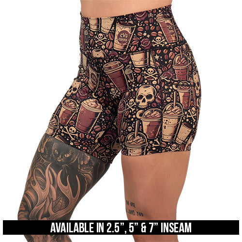 Women's High Waisted Workout Shorts - Caffeine Queen - Comfortable & Breathable for Running, Yoga & Gym