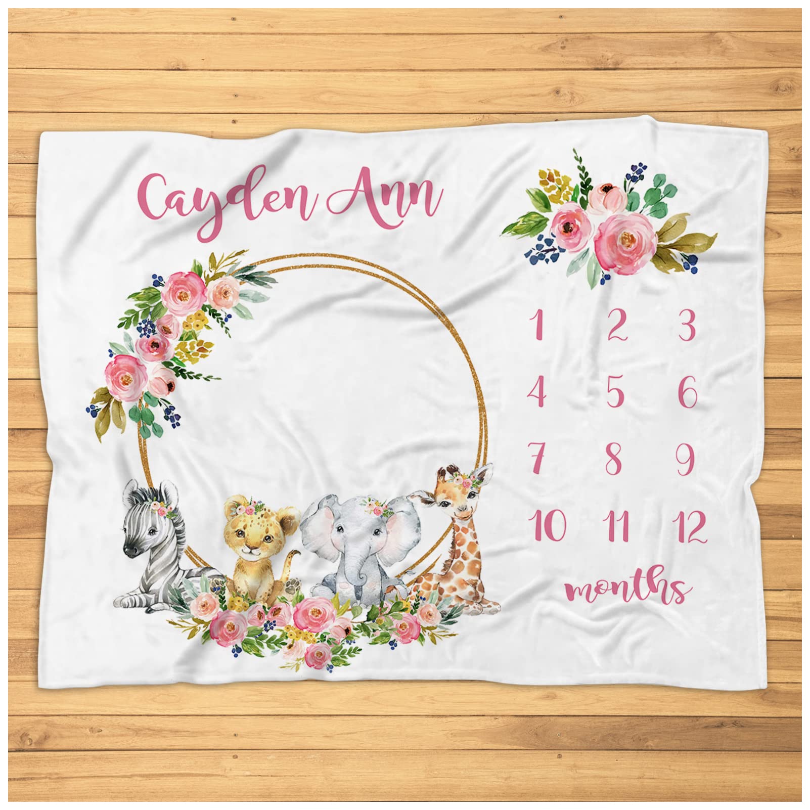 Personalized Floral Monthly Growth Blanket for Baby Girls - Soft Plush Jungle Animal Blanket - Perfect for Newborn Photos, Nursery Decor & Milestone Tracking
