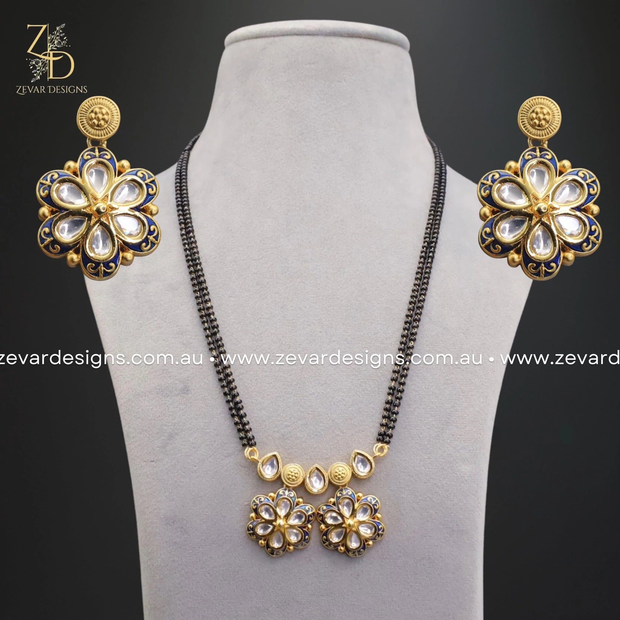 Exquisite Kundan Mangalsutra & Earrings Set in Navy Blue | Traditional Indian Bridal Jewelry for Weddings & Festive Occasions