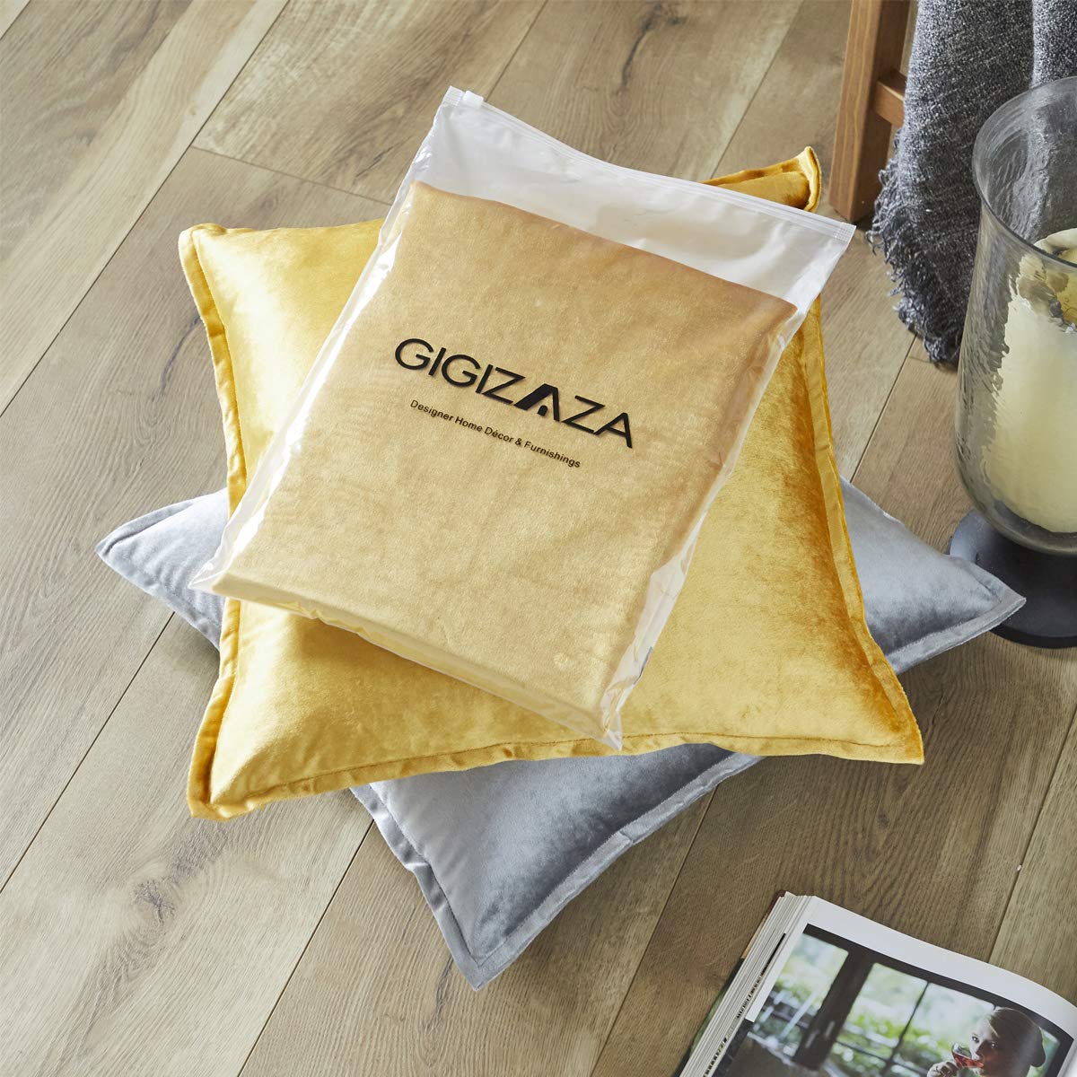 GIGIZAZA Yellow Velvet Decorative Throw Pillow Covers 24x24 Inches Square Couch Sofa Pillow Covers Set of 2 - Perfect for Living Room, Bedroom & Home Decor