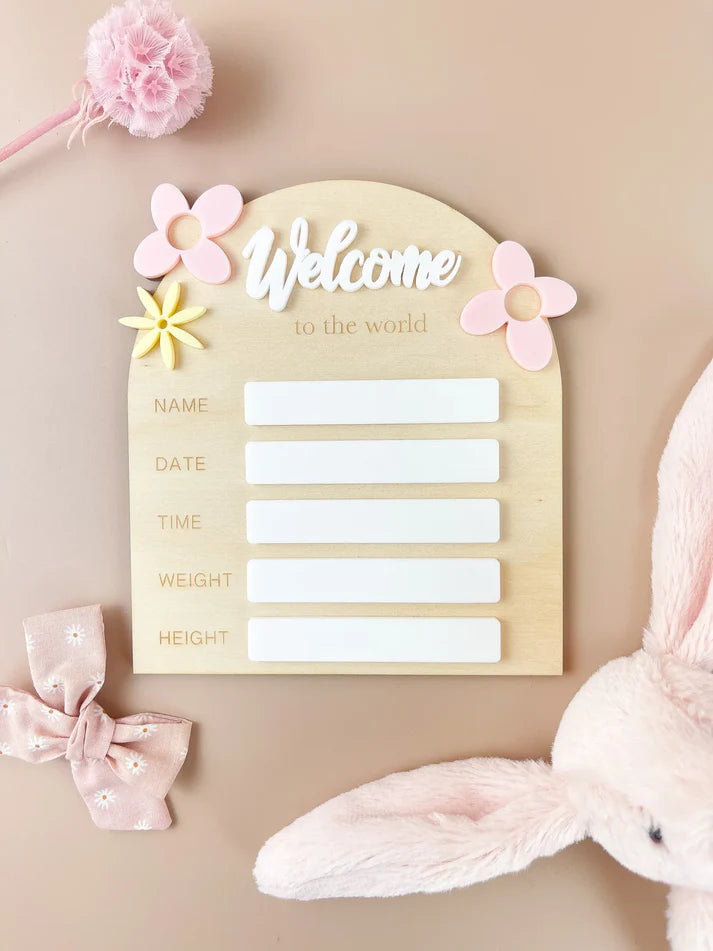 Floral Acrylic Birth Announcement Plaque - Personalized Baby Name Keepsake for Nursery Decor & Newborn Gift