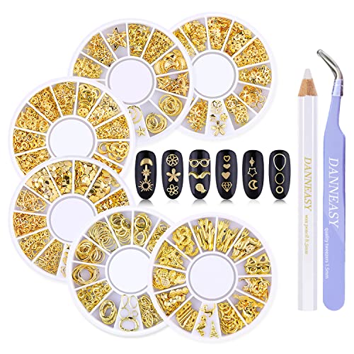 DANNEASY 3D Nail Charms - Gold Nail Art Studs & Jewelry for Acrylic Nails, DIY Nail Decoration Kit with Metal Nail Studs (6 Boxes) - Perfect for Manicures, Nail Art Designs, and DIY Craft Projects