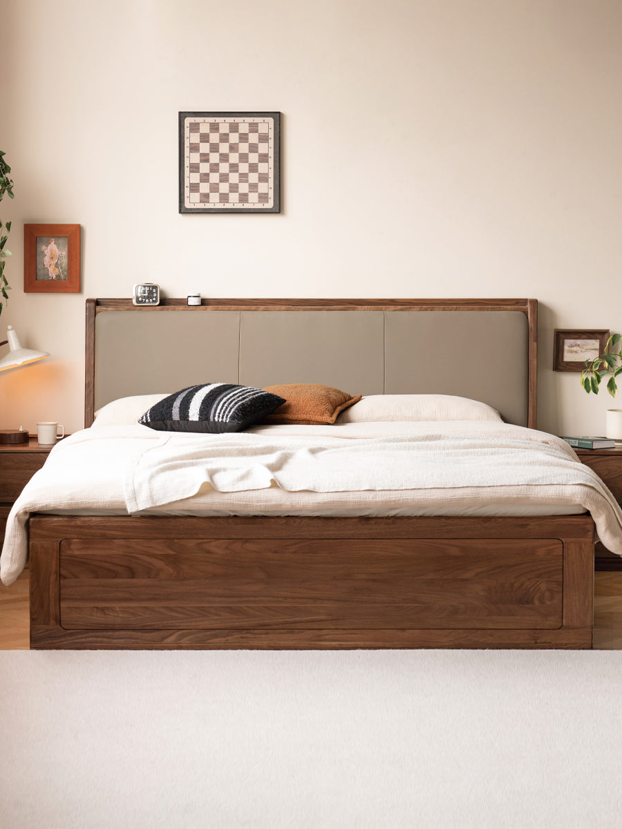 Solid Black Walnut Wood Leather-Upholstered Drawer Box Bed - Nordic Style Platform Bed with Storage for Modern Bedroom