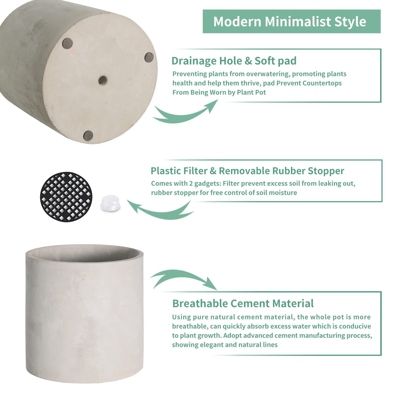 Modern Cement Planter Pots with Drainage Hole - Indoor/Outdoor Flower Pots for Succulents, Herbs & Home Decor - Perfect for Living Room, Office & Garden Plant Display