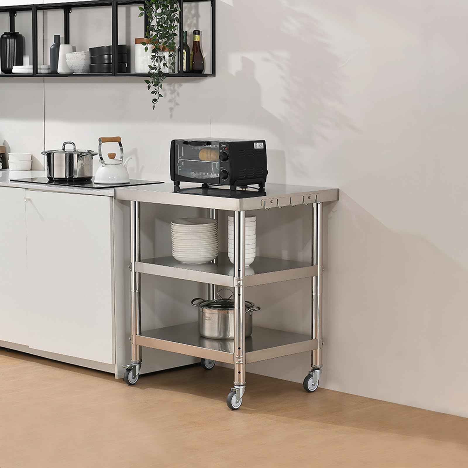 30x24 Inch 3-Stage Adjustable Stainless Steel Work Table with Wheels - Silver Commercial-Grade Kitchen Prep Table for Restaurants, Food Trucks & Home Use