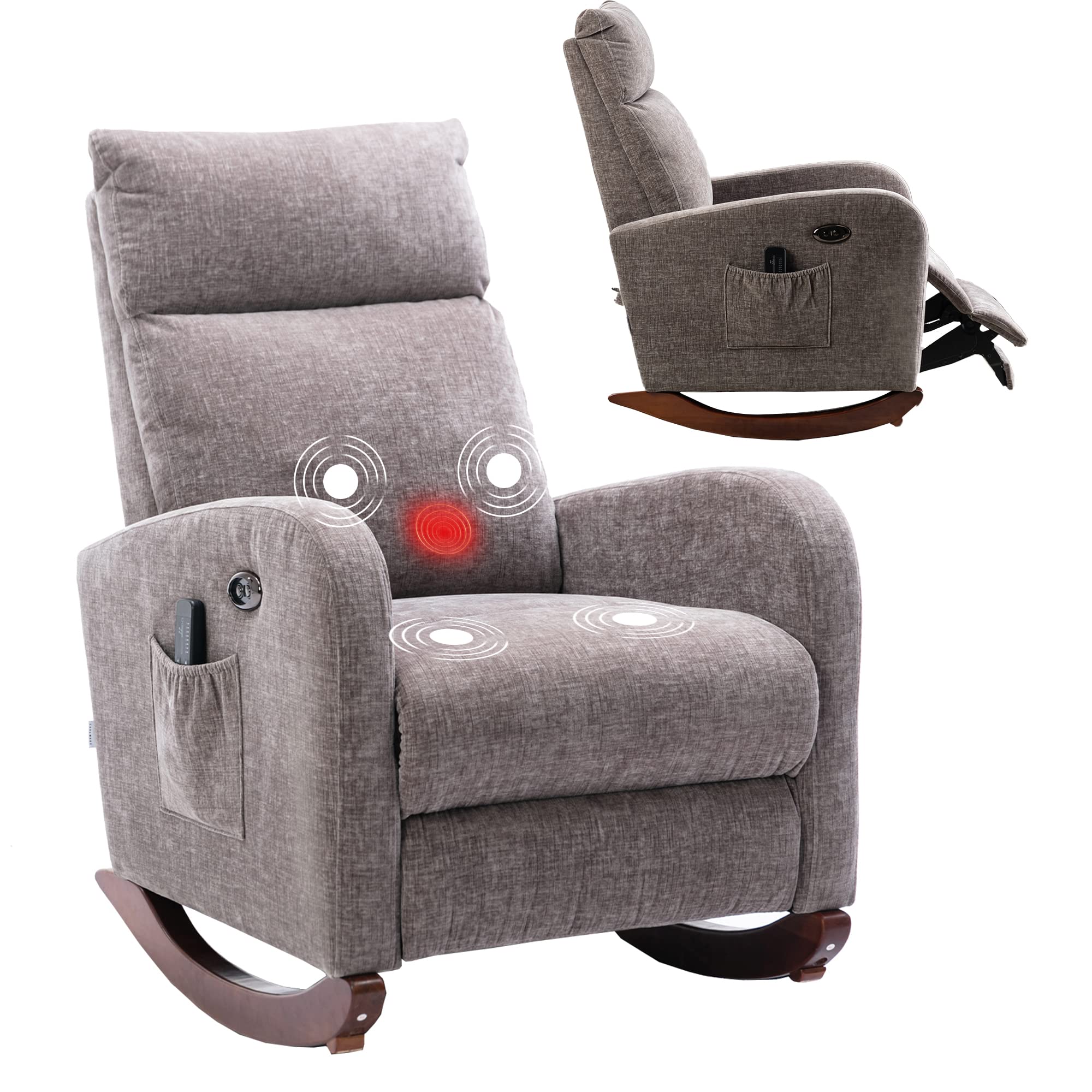 Electric Massage Recliner Rocking Chair with Heat & USB Port - Modern Chenille Fabric Glider Armchair for Nursery, Living Room & Office - Tall Back Upholstered Accent Chair for Relaxation & Comfort (Grey) - Perfect for Reading, Nursing & Stress Relief