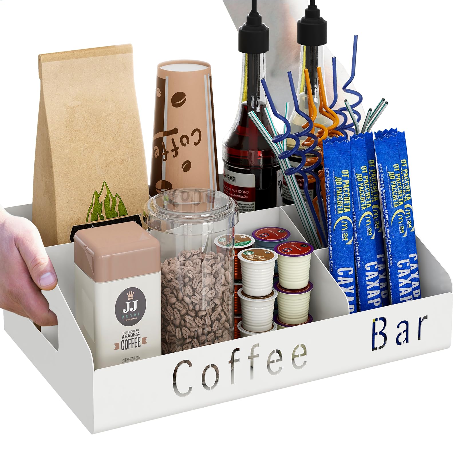 Metal Coffee Bar Organizer - Countertop Coffee Station Organizer with K-Cup Holder, Syrup & Stirrer Storage Basket (White) | Perfect for Kitchen Counter, Office Breakroom & Coffee Shop Organization