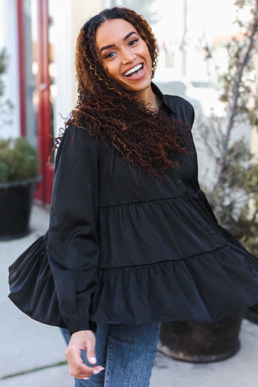 Perfectly You Black Button Down Tiered Babydoll Satin Top for Women | Elegant Sleeveless Blouse for Party, Date Night & Special Occasions