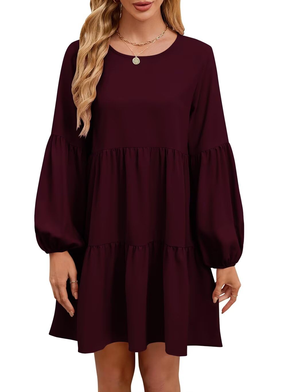 QACOHU Women's Summer Babydoll Dress 2025 - Spring Crew Neck Long Sleeve Loose Flowy Swing Tunic Mini Dress for Casual Outings & Beach Vacations