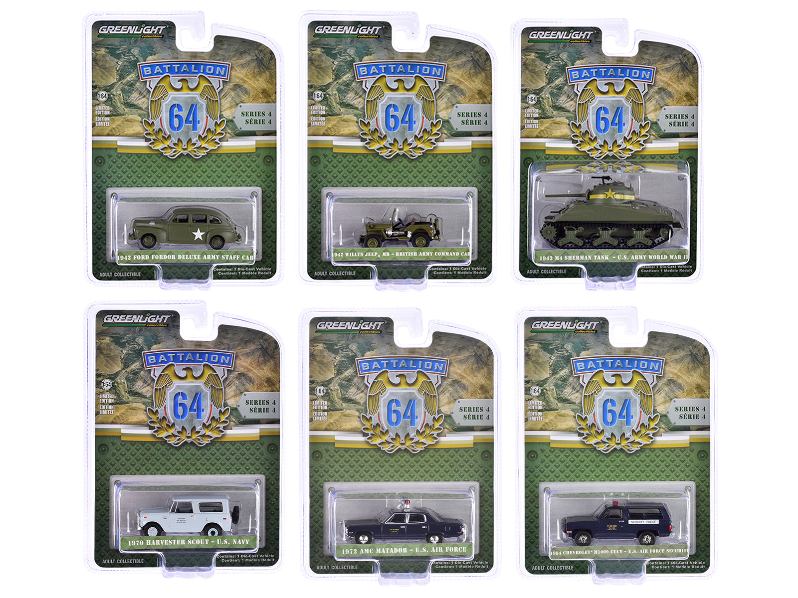 Greenlight 1/64 Scale Diecast Car Models - Battalion 64 Series 4 (Set of 6 Collectible Vehicles) - Perfect for Display, Gifts & Car Enthusiast Collections