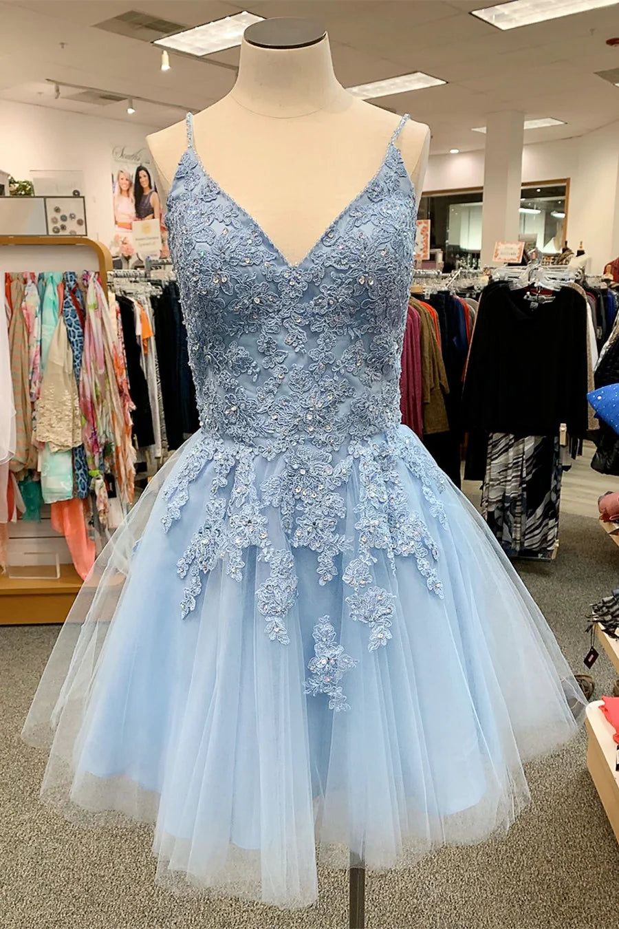 Elegant Sky Blue Homecoming Dress with V-Neck & Lace Beading - Perfect for Prom, Hoco, and Formal Events