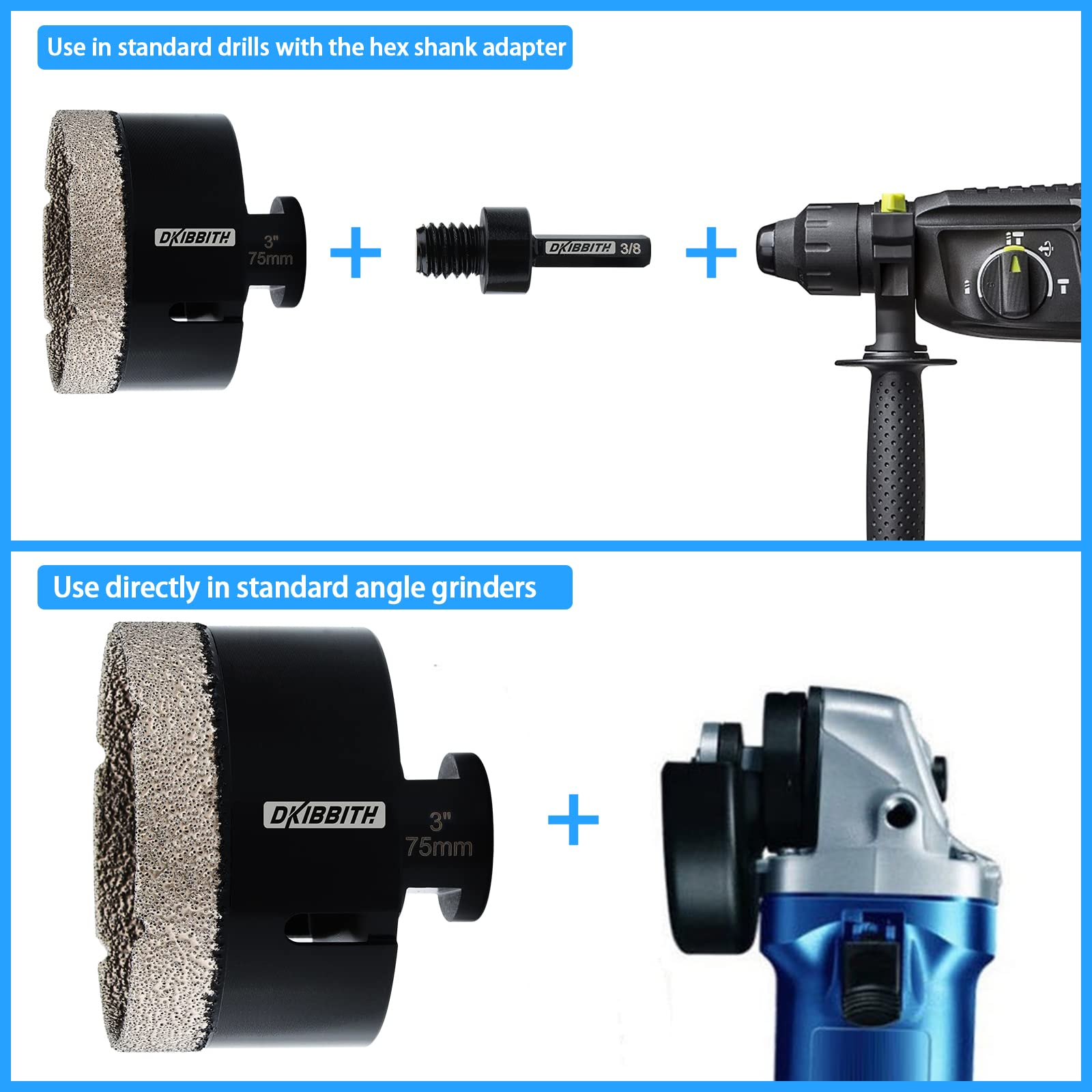 3'' Dry Diamond Core Drill Bit 75mm for Porcelain, Ceramic, Granite, Brick & Concrete - Vacuum Brazed Angle Grinder Hole Saw with 5/8-11 to 3/8'' Hex Adapter - Perfect for Tile Cutting, Masonry Work & DIY Home Renovation Projects (Black)