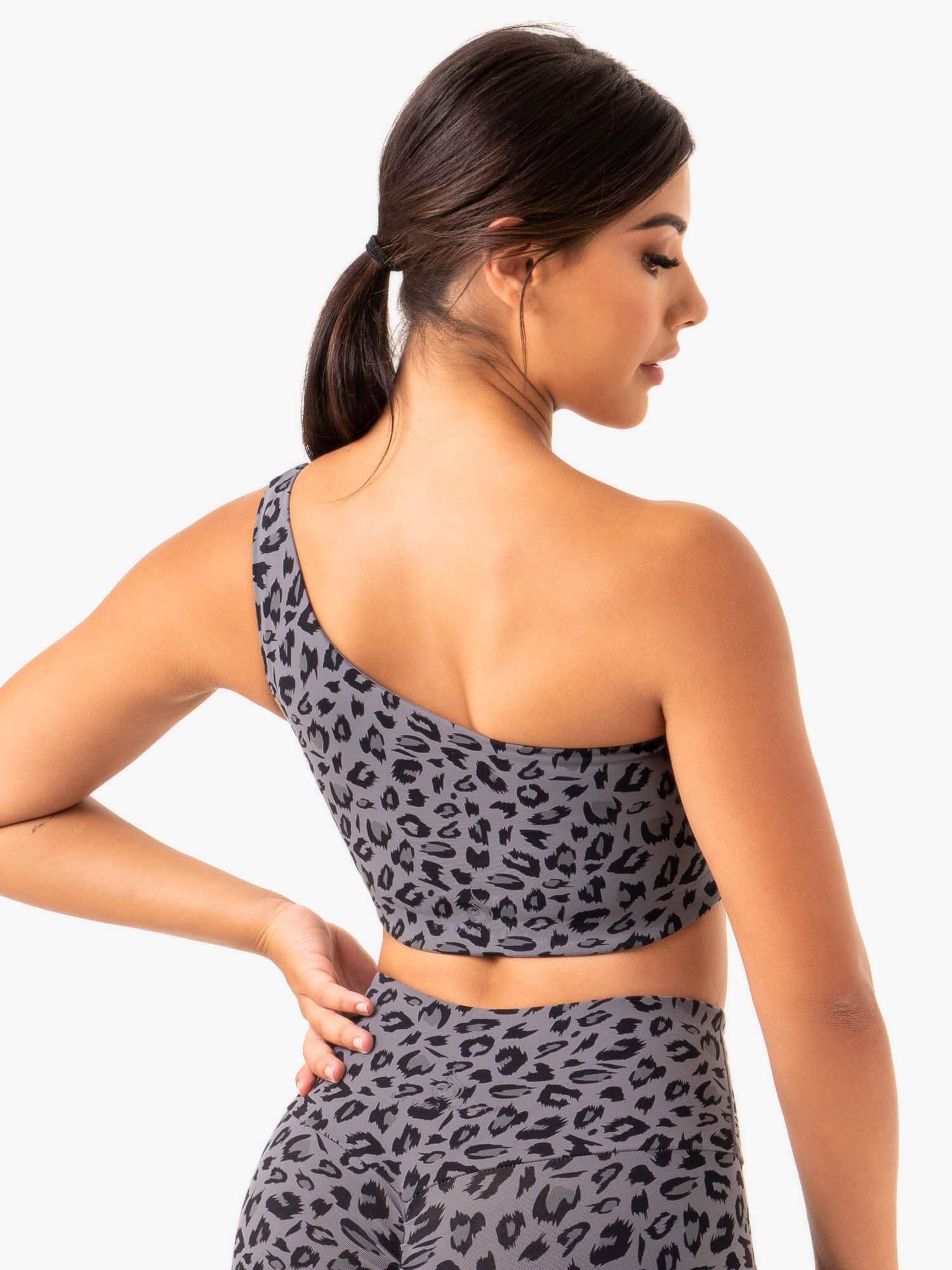 Adapt One Shoulder Sports Bra - Grey Leopard Print - Workout, Yoga & Running Support - Comfortable & Stylish Activewear for Women