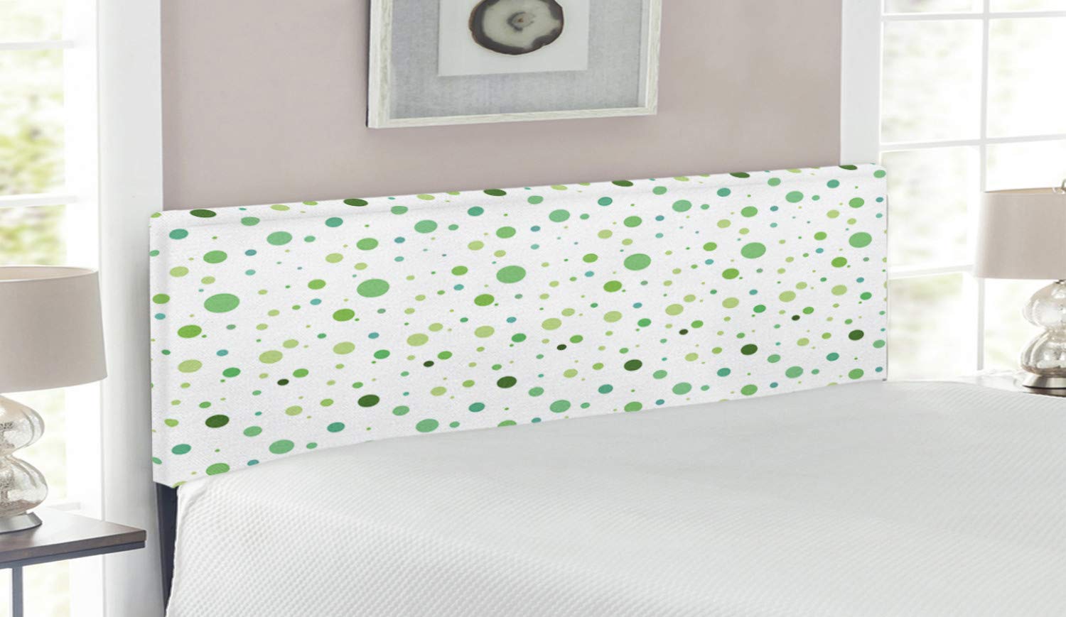 Ambesonne Queen Size Upholstered Headboard - Green & Blue Polka Dot Geometric Retro Design with Memory Foam - Decorative Metal Bed Headboard for Master Bedroom, Guest Room (Green Fern)