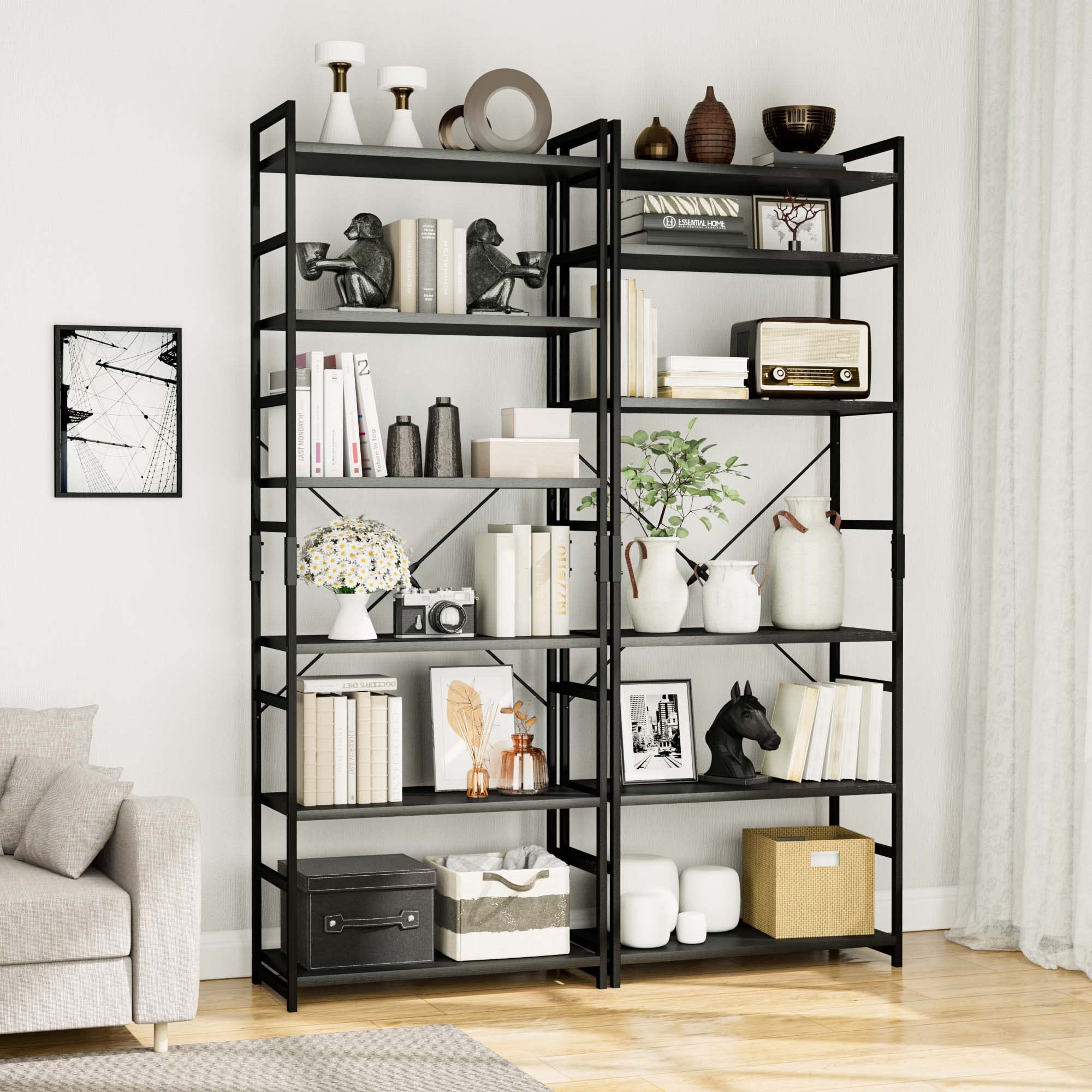 6-Tier Adjustable Bookshelf - Tall Modern Bookcase for Office, Living Room & Bedroom - Heavy Duty Storage Organizer with Versatile Shelving - Perfect for Home Office, Study & Library Organization (Black)