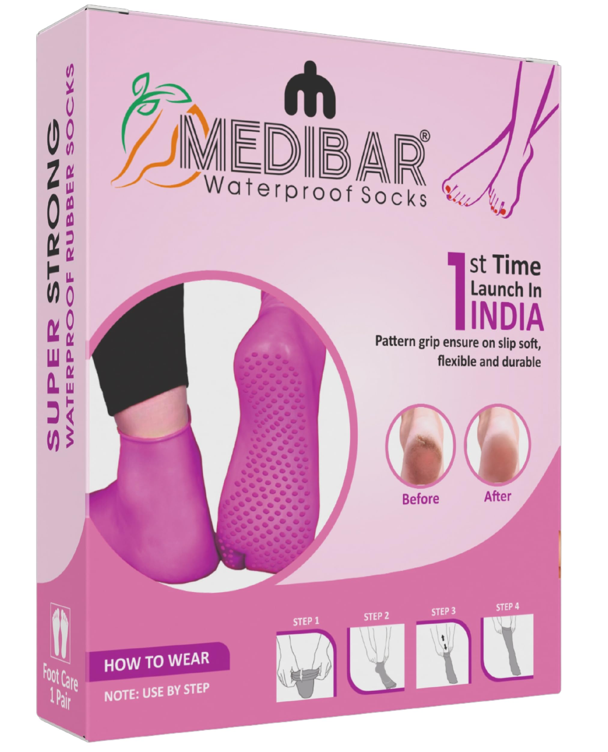 MEDIBAR Anti-Heel Full Length Waterproof Rubber Socks - Moisturizing Silicone Heel Pain Relief Socks for Men & Women (Size Medium 7-9) Pink - Ideal for Dry Cracked Heels, Diabetic Foot Care & Overnight Moisturizing Therapy