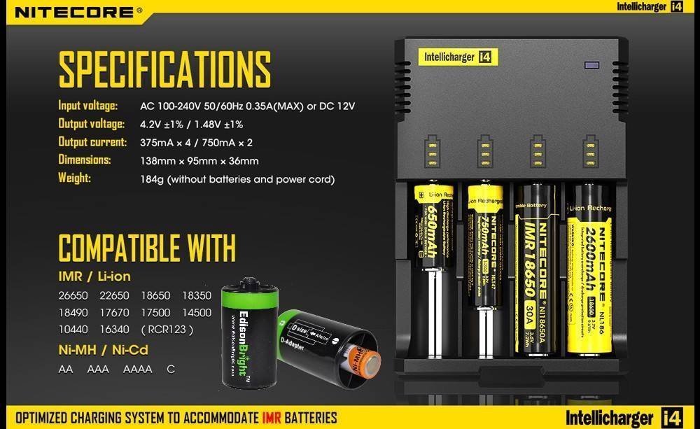NITECORE New i4 Universal Battery Charger for Li-ion, IMR, Ni-MH, Ni-Cd - Compatible with 18650, 18350, 16340, RCR123, 14500, AA, AAA, C, D Batteries - Includes AC/DC Power Cords & EdisonBright BBX3 Battery Box - Perfect for Home, Office, Travel, and Emergency Power Backup