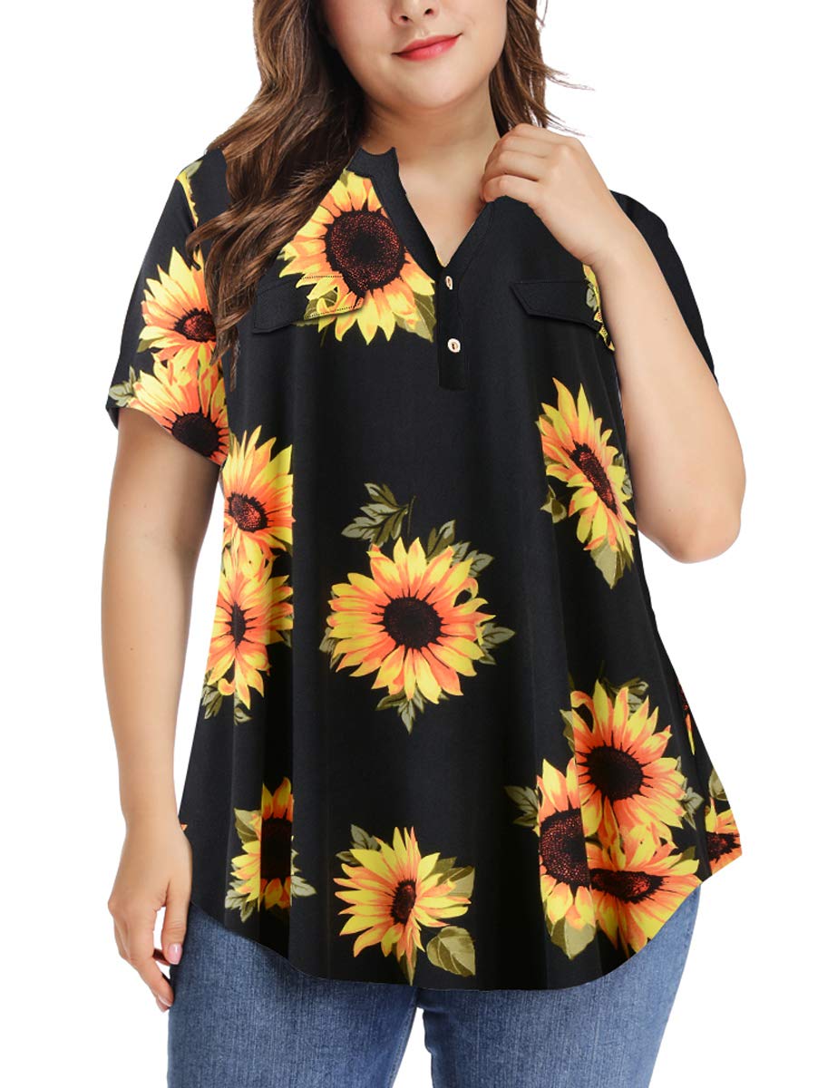 MONNURO Women's Plus Size V-Neck Plaid Shirt - Summer Short Sleeve Casual Blouse for Work & Everyday Wear (Sunflower Print, Size 1X) - Perfect for Office, Outings & Summer Vacation