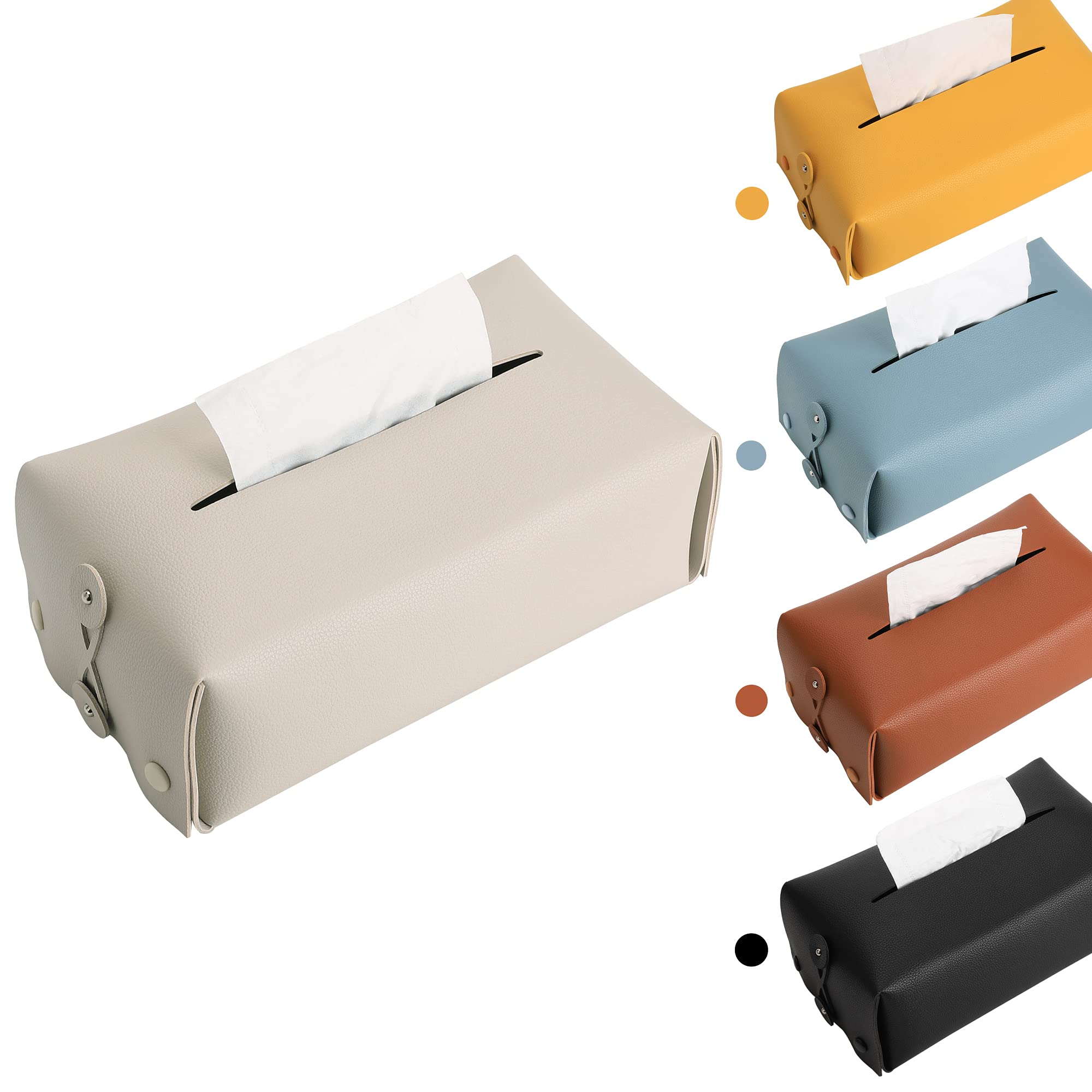 Premium Leather Tissue Box Cover - Rectangular Beige Tissue Holder for Car, Home, Office & Bathroom | Elegant Home Decor & Practical Desk Organizer for Bedroom, Nightstand & Living Room