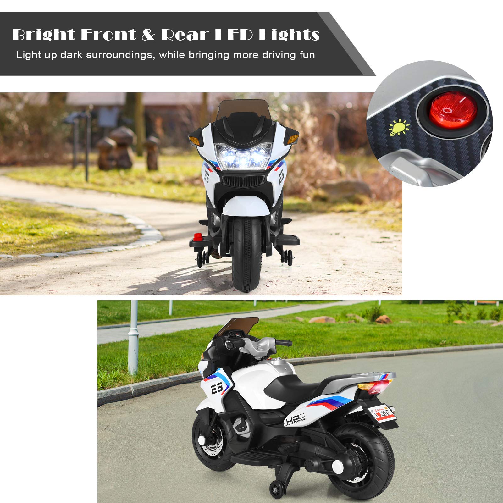 Costzon 12V Electric Kids Ride On Motorcycle with Training Wheels, LED Lights & Music - Battery Powered Toy Bike with Forward/Reverse & Pedal - Perfect Gift for Boys & Girls (White) - Great for Birthday Presents, Outdoor Play & Backyard Fun