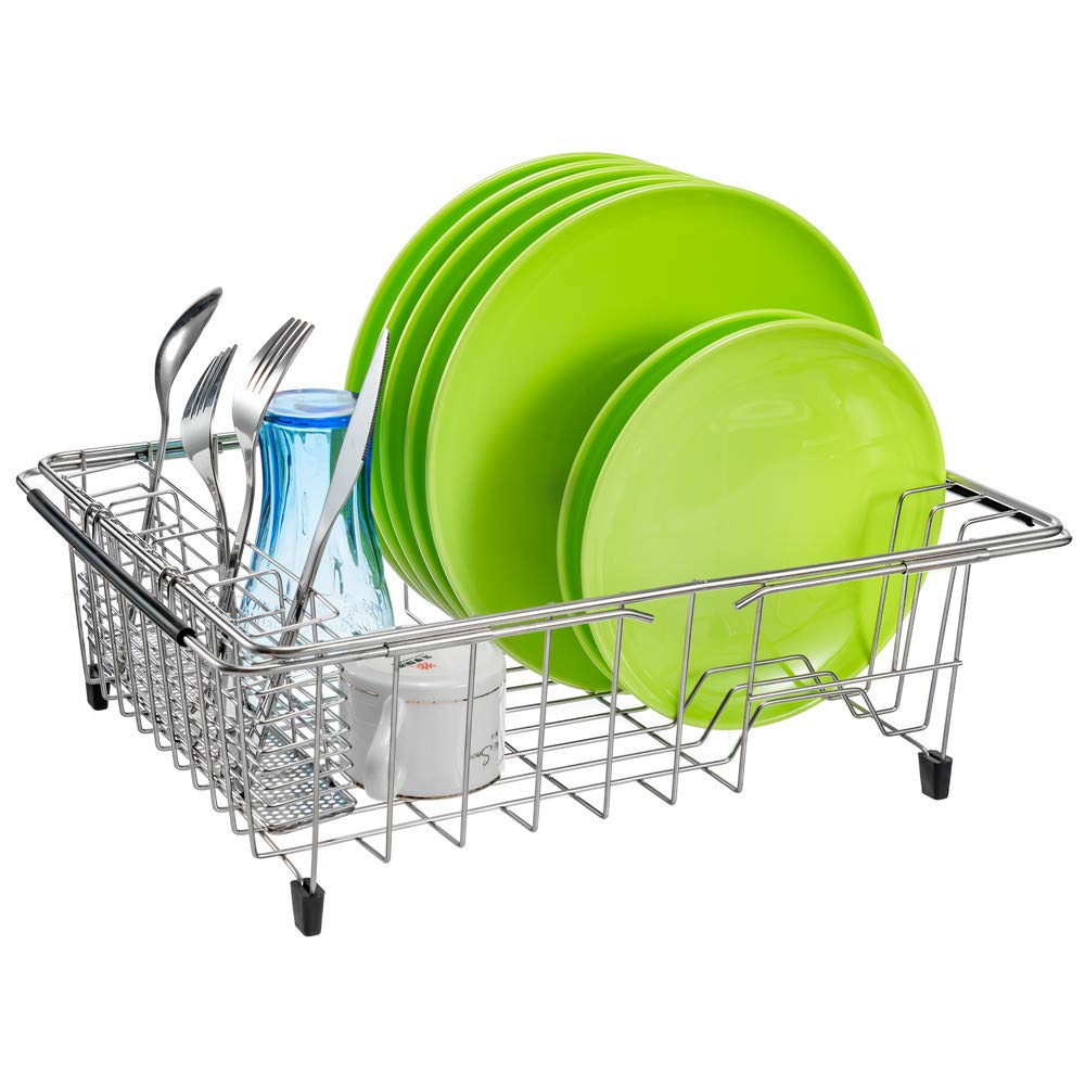 SANNO Expandable Stainless Steel Dish Drying Rack - Large In-Sink & Countertop Dish Drainer with 4-Section Utensil Holder | Rustproof Kitchen Organizer for Small Spaces | Perfect for Apartments, RVs & Compact Kitchens