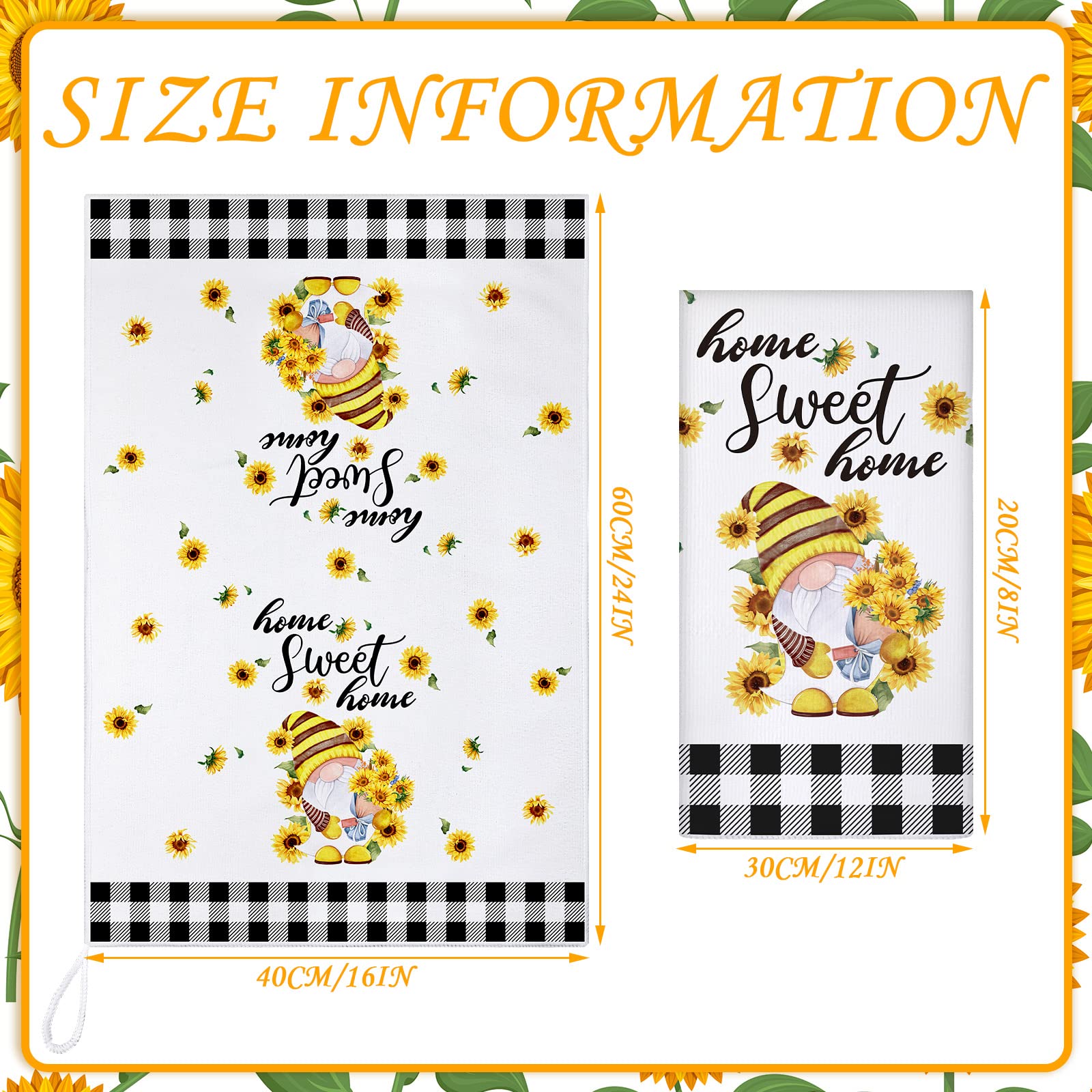 Kajaia 4-Piece Bee & Sunflower Kitchen Towel Set - Absorbent Plaid Dish Towels with Watermelon & Lemon Designs - Perfect for Summer, Holiday Decor, Bathroom & Housewarming Gifts (Sunflower Pattern) - Ideal for Kitchen, Dining, Picnics & Farmhouse Decor