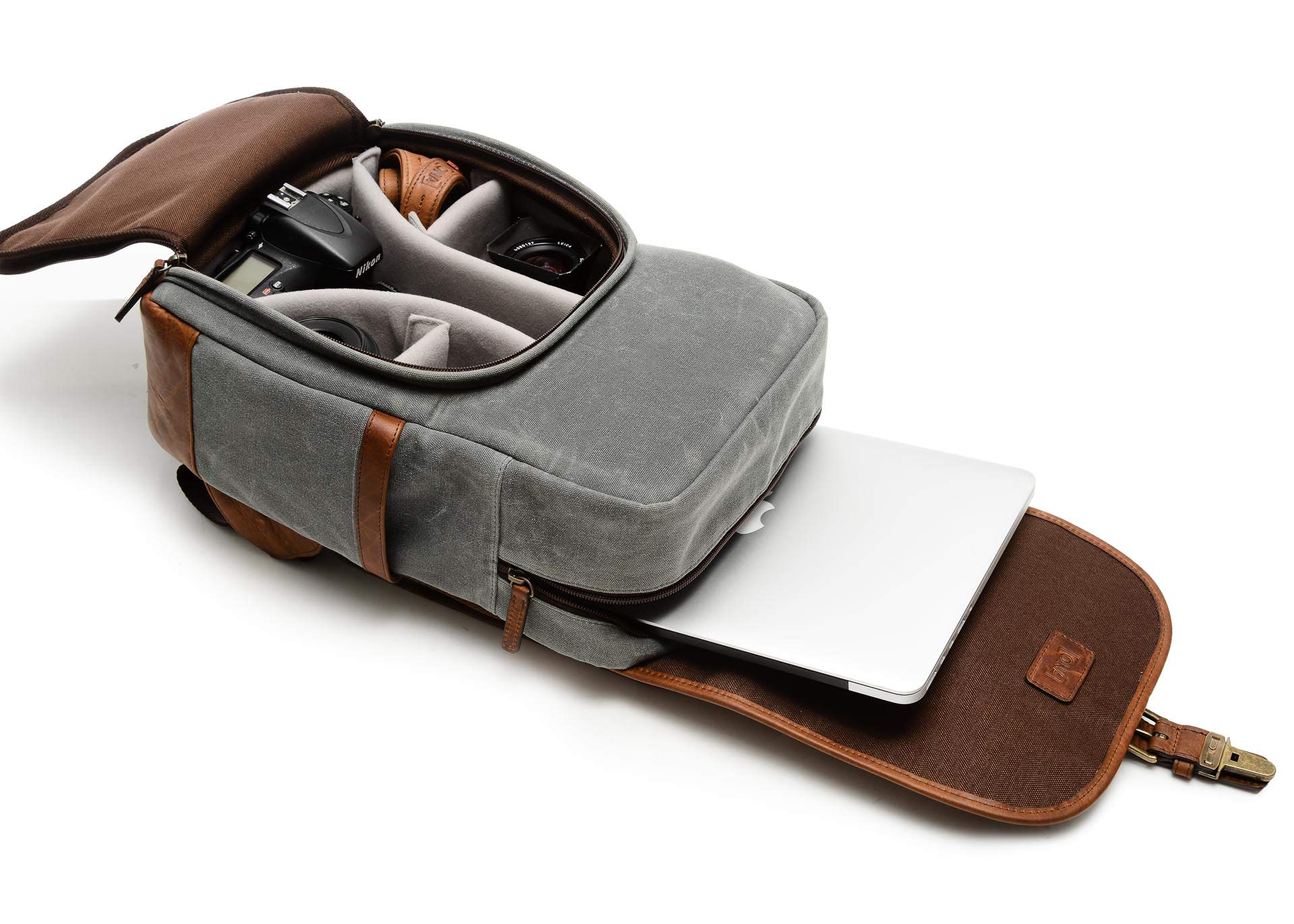 ONA Monterey Camera and Laptop Backpack - Smoke & Antique Cognac - Stylish DSLR Bag for Photographers & Travel - Perfect for Work, Commute & Adventure Travel