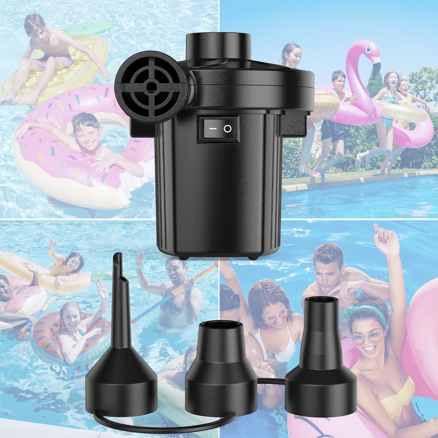 Electric Air Pump for Inflatables - Portable Quick-Fill Pump with 3 Nozzles (110-120V) | Inflator & Deflator for Air Mattress, Pool Floats, Boats, Camping Gear | Perfect for Outdoor Adventures, Home Use & Emergency Inflation