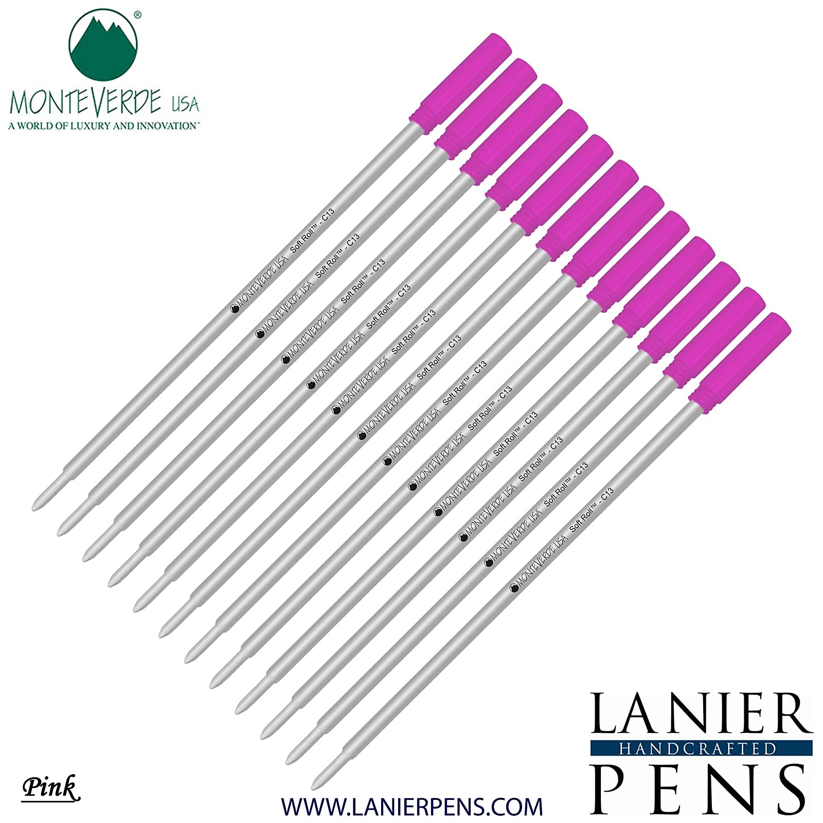 Monteverde Soft Roll Ballpoint Ink Refills 12-Pack - C13 Paste Ink Compatible with Cross Style Pens - Medium Tip 0.7mm Pink - Perfect for Office, School & Everyday Writing