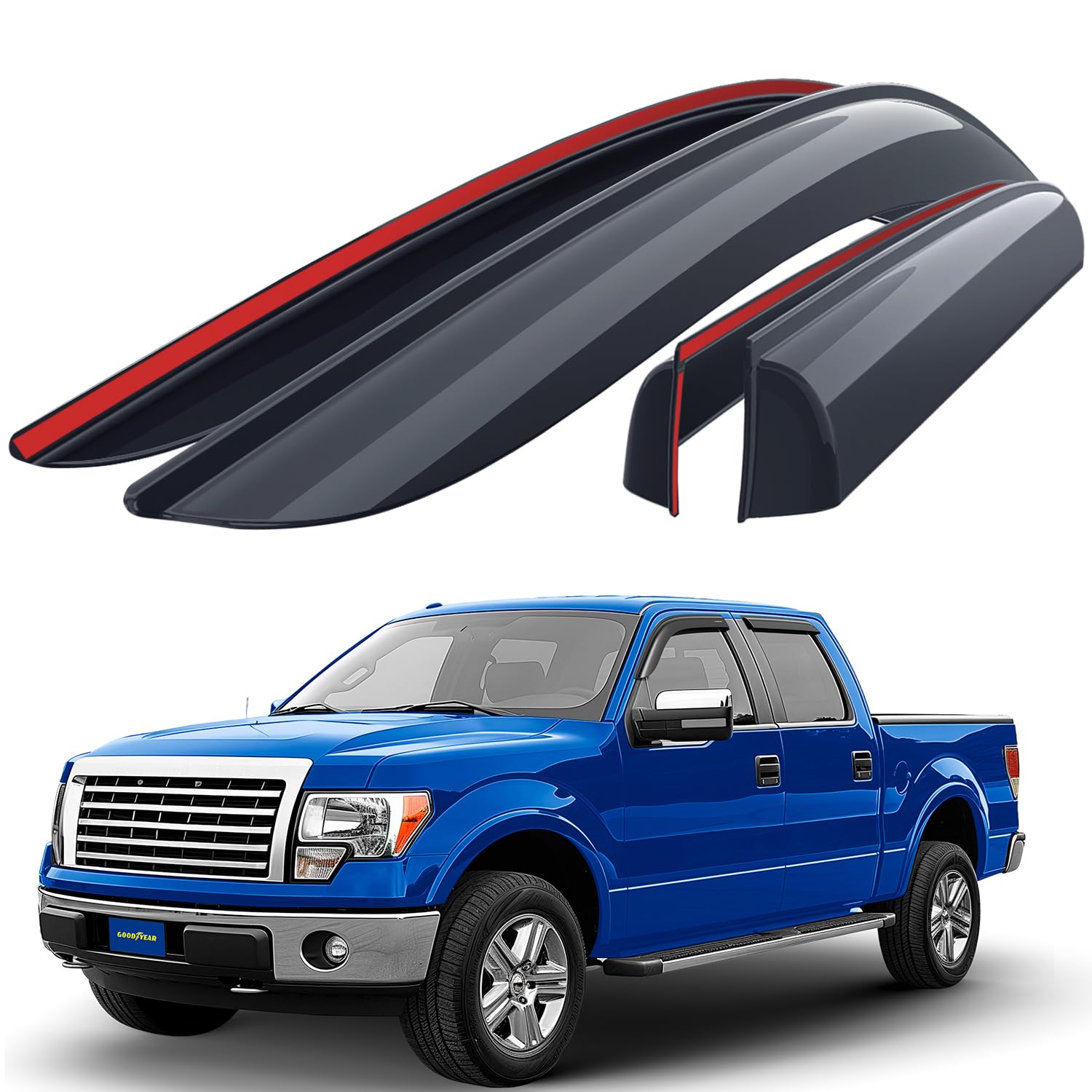 Goodyear Shatterproof Window Deflectors for Ford F150 2009-2014 SuperCrew - 4-Piece Tape-On Rain Guards & Vent Visors - Durable Truck Accessories for Weather Protection & Improved Airflow - Perfect for Rainy Days & Highway Driving