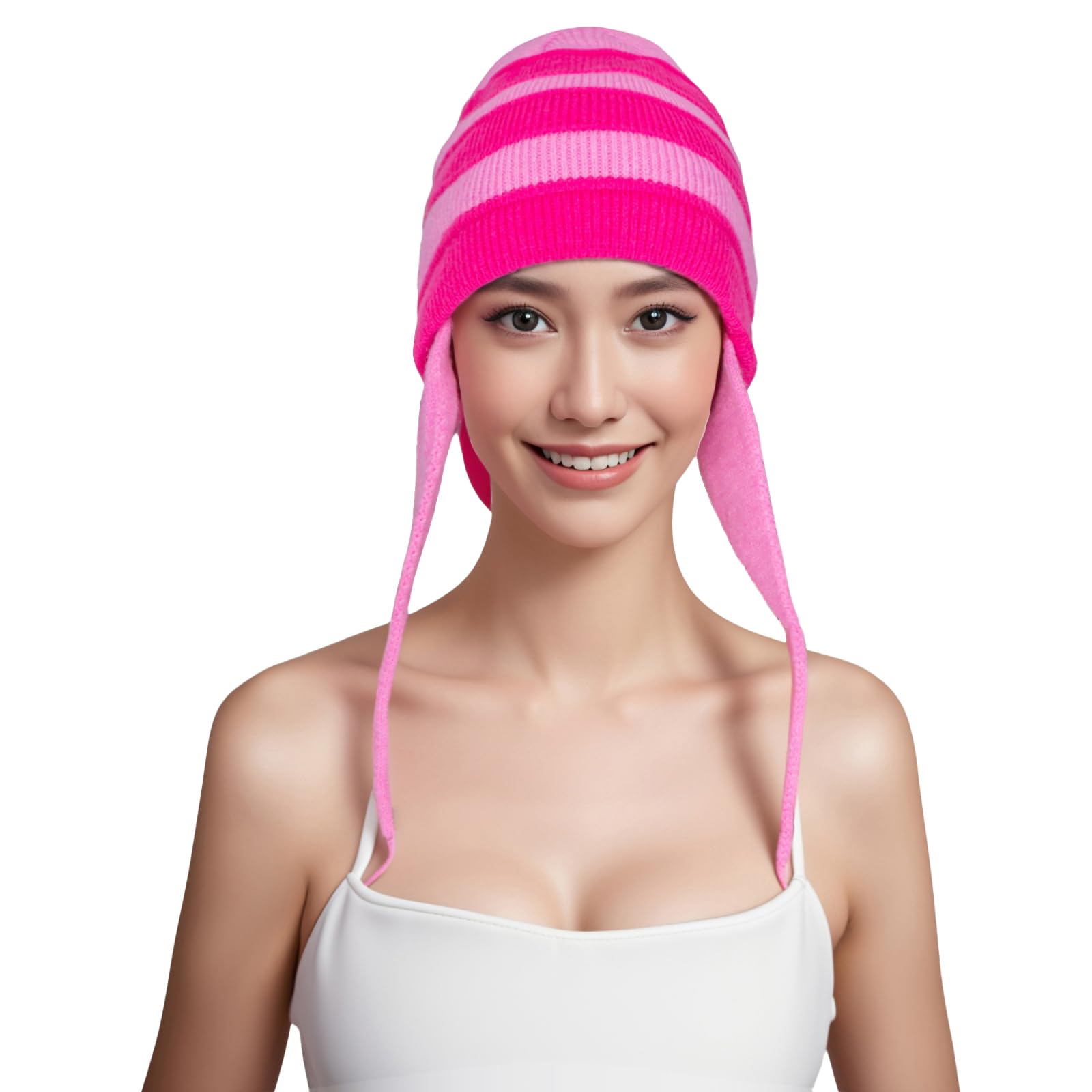 Women's Knitted Winter Beanie Hat - Peruvian Sherpa Ear Cover with Pink Stripes, Y2K Fashion, Halloween Cosplay Costume | Warm & Stylish for Cold Weather, Outdoor Activities, and Festive Outfits