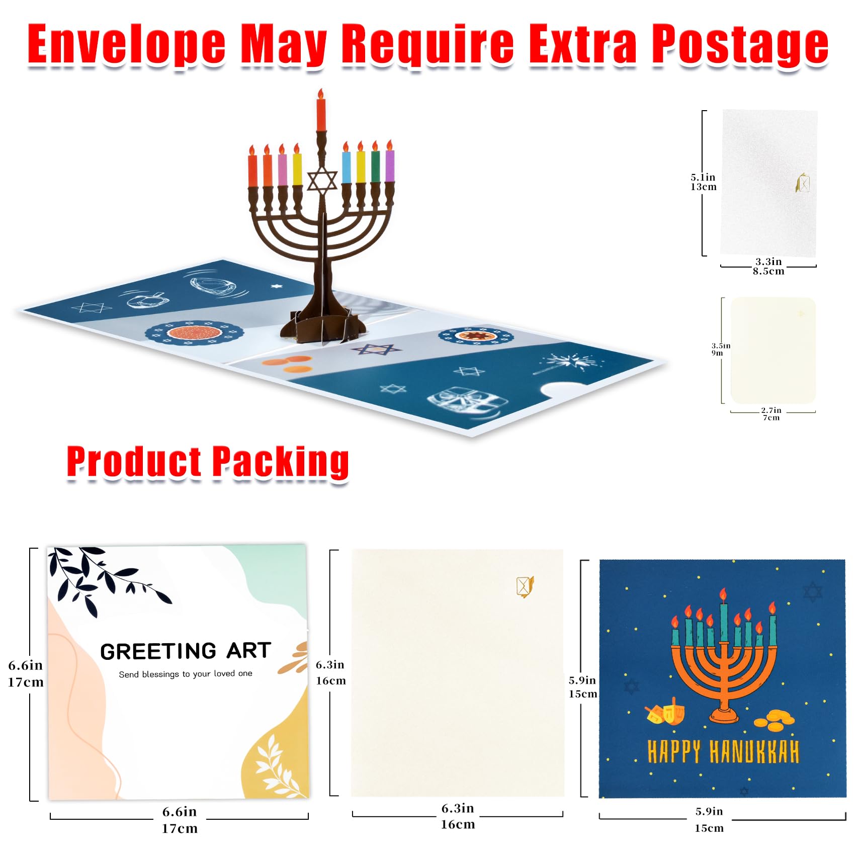 GREETING ART 3D Menorah Lights Pop Up Hanukkah Card - Religious Jewish Holiday Greeting Card with Envelope & Blank Note (5.9x5.9 Inch) - Perfect for Chanukah Celebrations, Gift Giving & Holiday Wishes