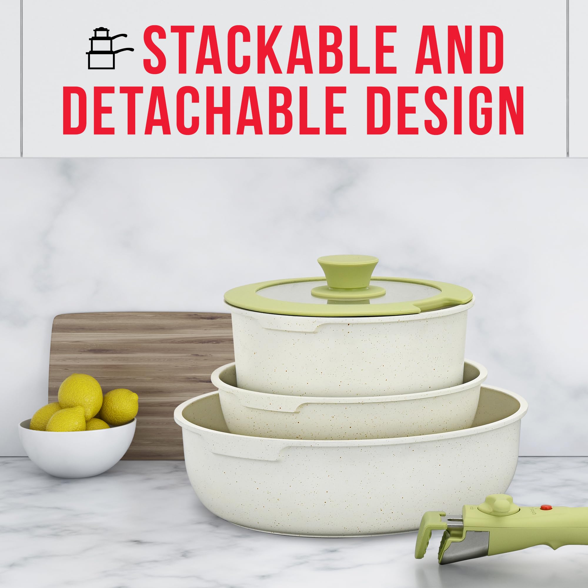 15-Piece Non-Stick Cookware Set with Detachable Handles - Granite Coated Stackable Pots & Pans, Dishwasher & Oven Safe, Induction Compatible for All Stovetops - Green/Cream Kitchen Essentials for Cooking, Baking & Meal Prep