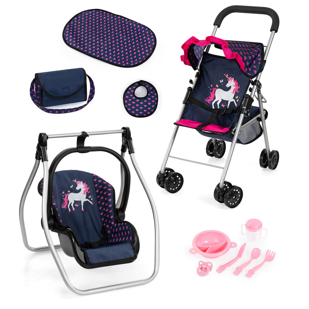 Bayer Design Dolls: 11 Piece Stroller Accessory Set - Navy, Pink, Hearts & Unicorn Patterns | Perfect for Baby Doll Carriage & Stroller Playtime