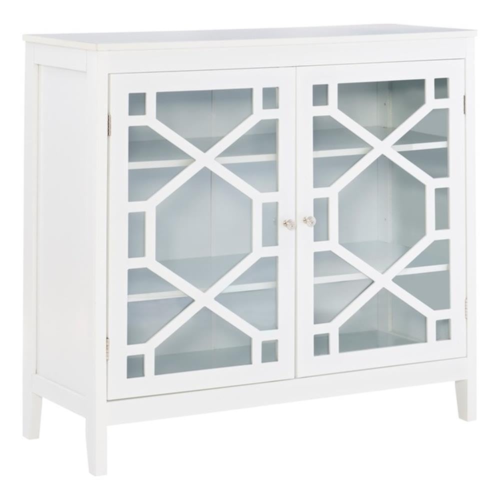 Linon Betty Large White Wood Cabinet with 2 Glass Paneled Doors & 3 Shelves - Perfect for Living Room Storage, Bedroom Organizer, or Dining Room Display