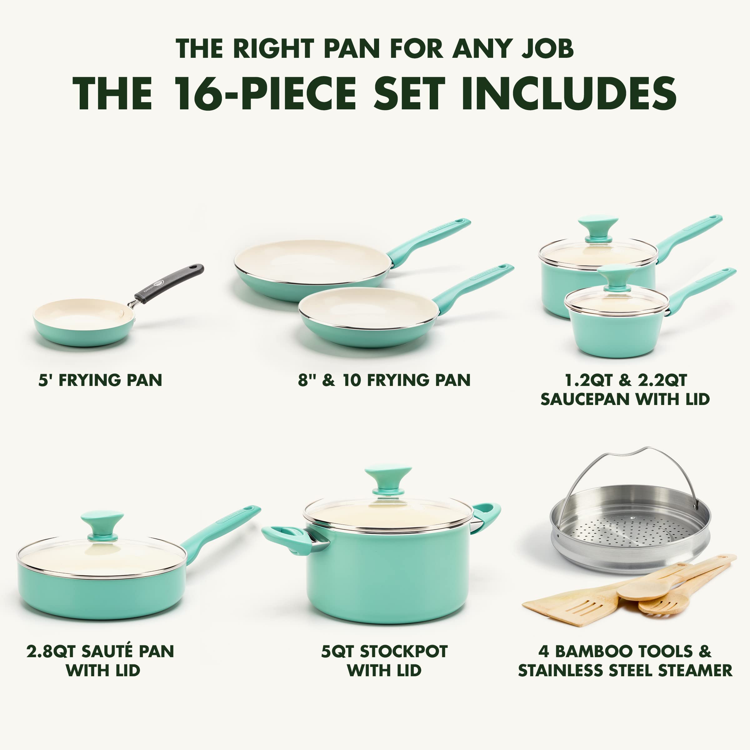 GreenPan Rio 16-Piece Nonstick Ceramic Cookware Set - PFAS-Free, Dishwasher Safe, Turquoise - Healthy Cooking for Family Meals & Everyday Use