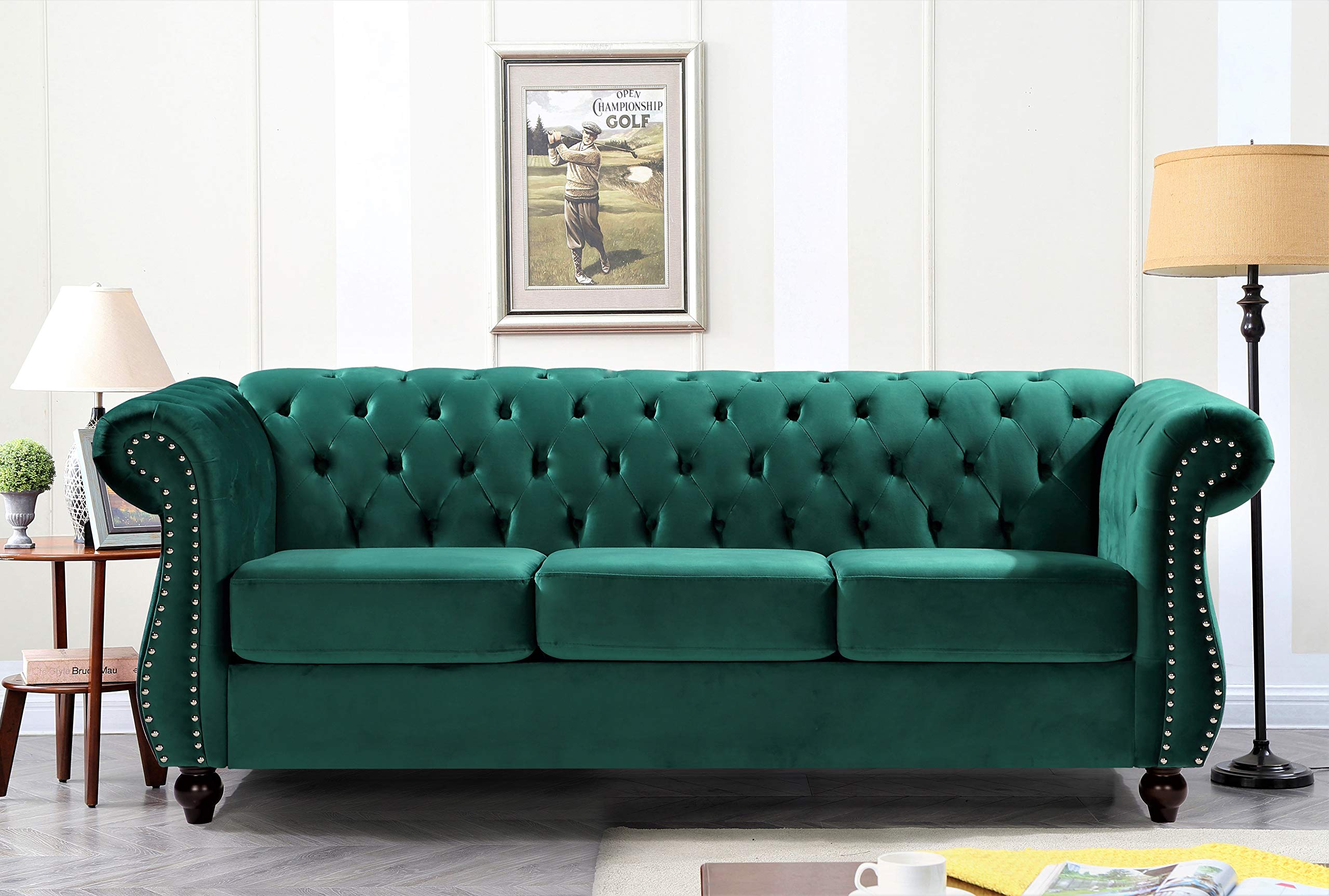Modern Velvet Chesterfield Sofa for Living Room - Green Tufted Couch with Nailhead Trim & Sturdy Metal Frame | Perfect for Home Office, Lounge & Formal Sitting Areas