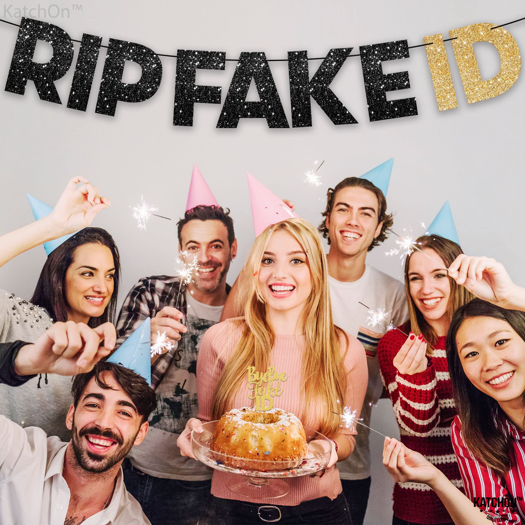 KatchOn Glitter RIP Fake ID Banner Black and Gold - 10ft Prestrung Birthday Decor | Perfect for 21st Birthday Party, Golden Themed Decorations for Him | Ideal for Birthday Celebrations, Home & Party Decor