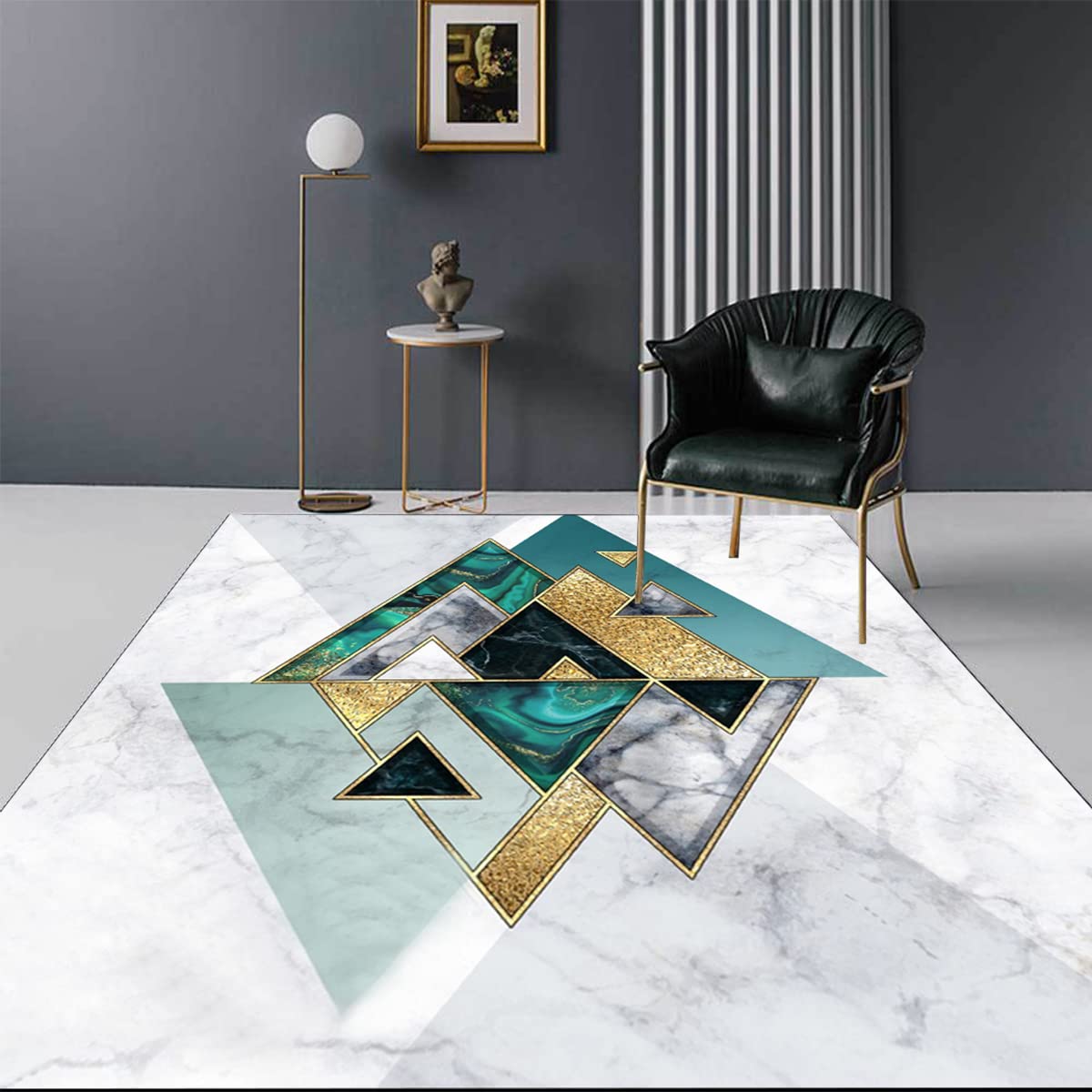 White Green Gold Geometric Patchwork Area Rug 6x9 - Marble Aesthetic Washable Soft Carpet for Living Room, Bedroom, Dining Room & Home Office - Indoor Floor Mat for Luxurious Center Room Decor